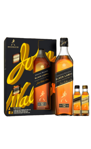 JOHNNIE WALKER SCOTCH BLENDED BLACK LABEL DISCOVERY PK W/ 2 50ML GOLD & DOUBLE BLACK 12YR 750ML